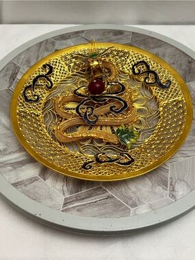 Vintage Chinese Filigree Dragon Plate Gold Gilt Enamel Decorative Wall Art